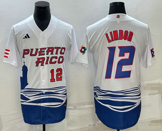 Men%27s Puerto Rico Baseball #23 Francisco Lindor Number White 2023 World Baseball Classic Stitched Jersey